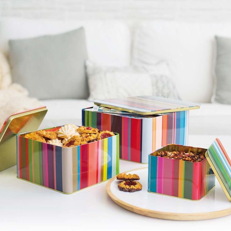 Remember Tin Boxes - Stripes - set of 3 colourful striped square tins stacked