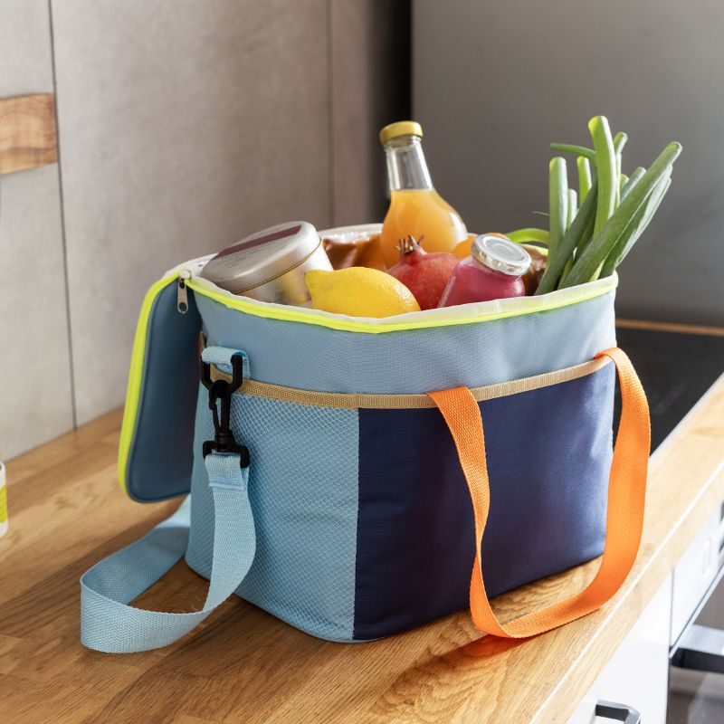 Remember Cooler Bag - Nick - blue colour block insulated cooler with orange handles and zip top