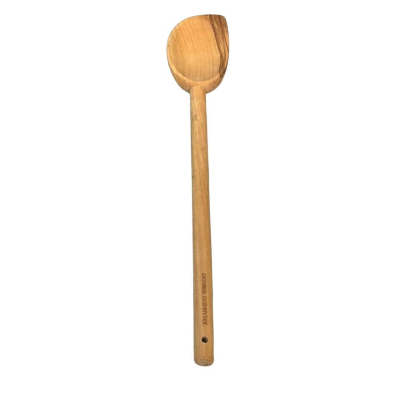 Olive wood bevelled spoon with Roger Orfèvre branding on the handle.