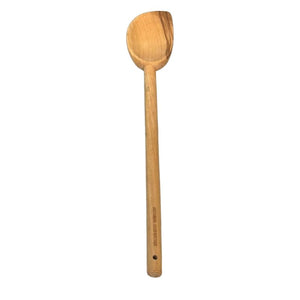 Olive wood bevelled spoon with Roger Orfèvre branding on the handle.