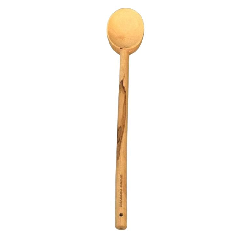 Olive wood cooking spoon with Roger Orfèvre branding on handle.