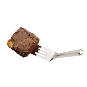 RSVP Stainless Steel Brownie Spatula holding a piece of brownie on a white background.