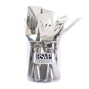 RSVP Stainless Steel Brownie Spatulas in a clear utensil holder on a white background.