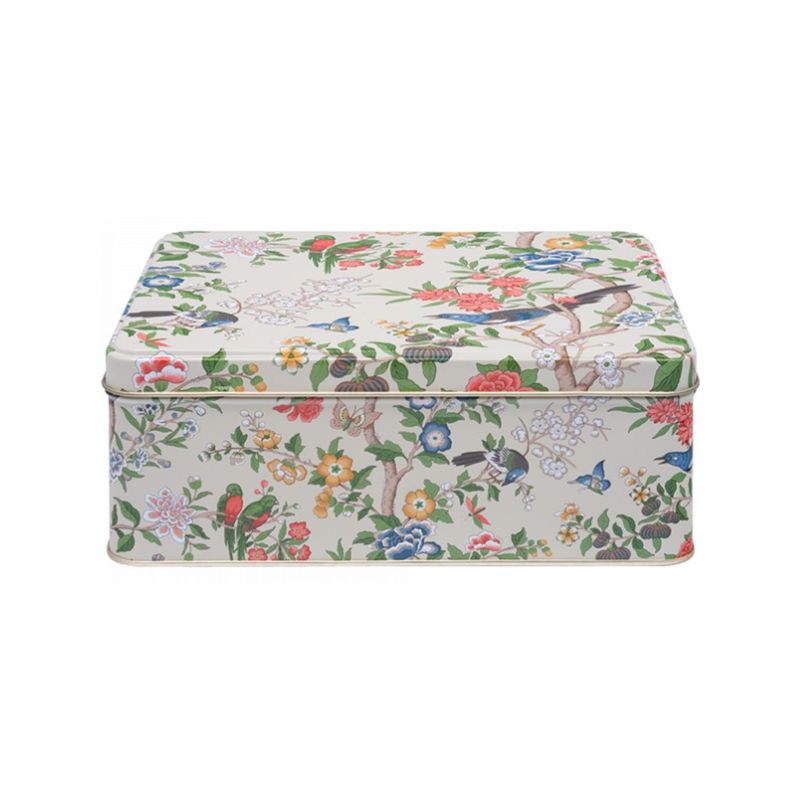 Sanderson Chinoiserie Biscuit Tin - rectangular floral and bird tin with chinoiserie-style design on a soft green background.
