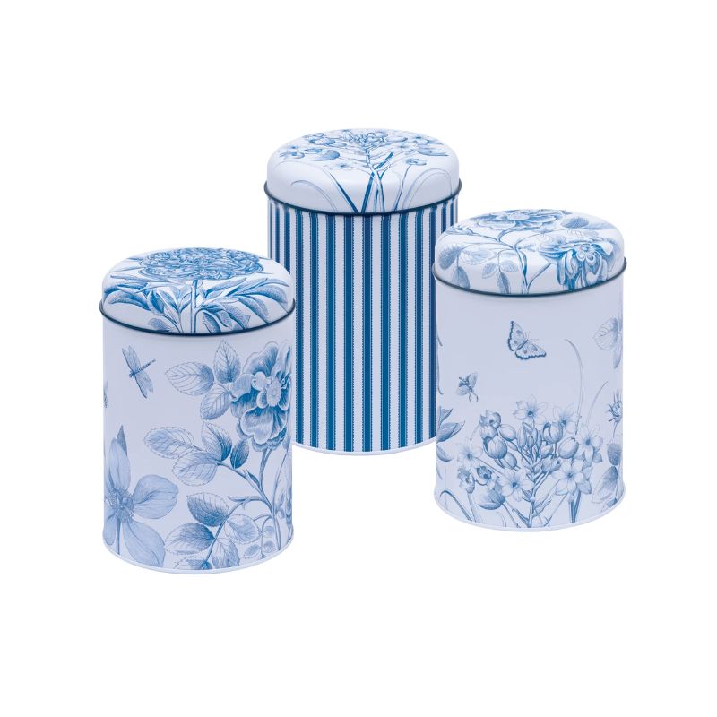 Sanderson Etchings & Roses set of 3 tin caddies - blue and white floral and stripe design