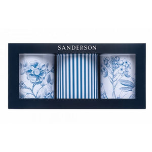 Sanderson Etchings & Roses Tin Caddy Set - boxed set of three blue and white storage tines with floral and stripe patterns.