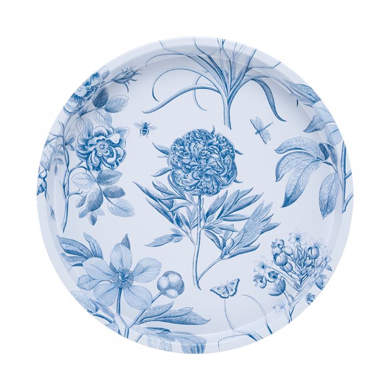 Sanderson Etchings & Roses Tin Tray - vintage-style floral pattern in blue and white