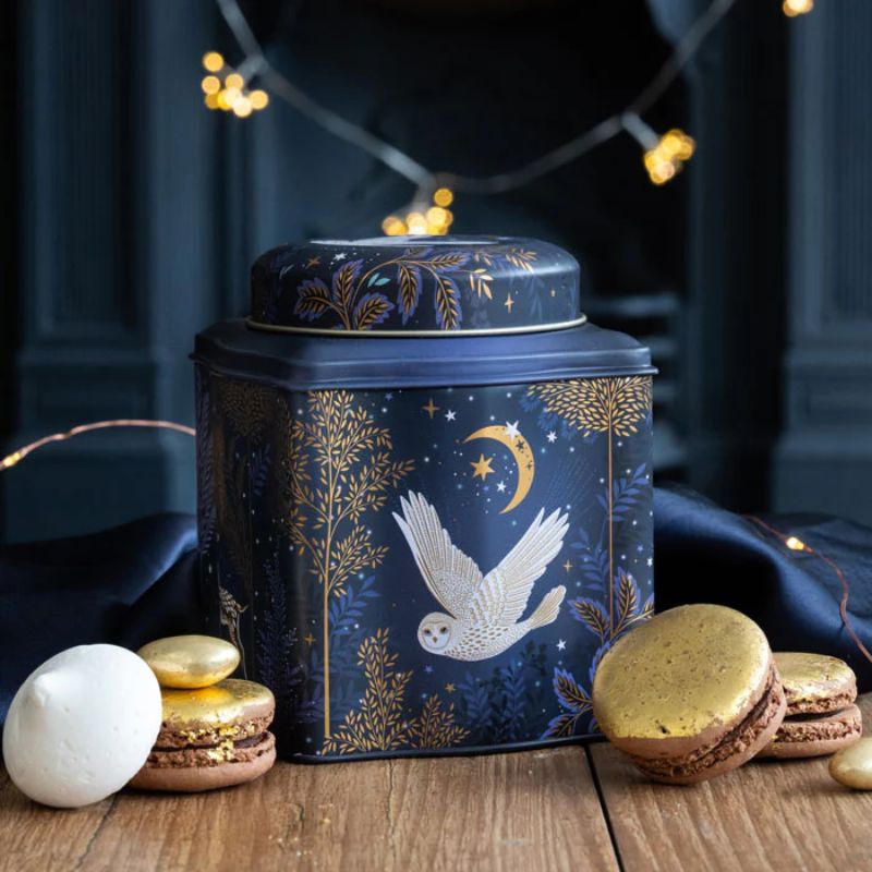 Side angle of Sara Miller Magical Nightfall tea caddy showing woodland motifs.