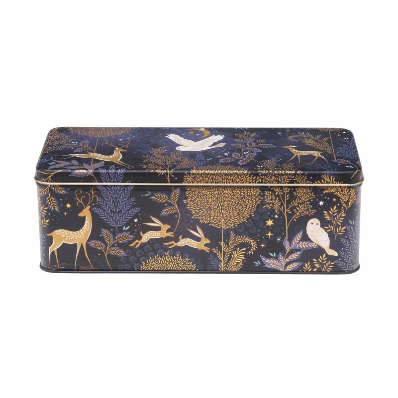 Sara Miller Magical Nightfall rectangular storage tin, long deep shape with gold woodland design on dark blue.