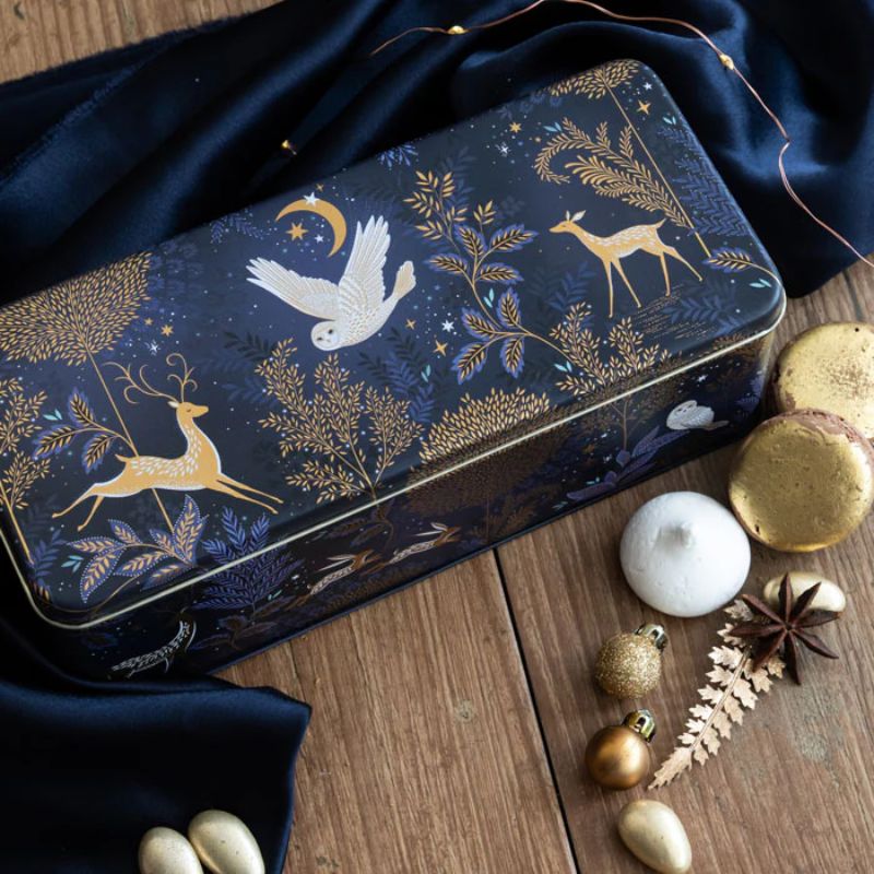 Sara Miller Magical Nightfall rectangular storage tin, long deep shape with gold woodland design on dark blue.