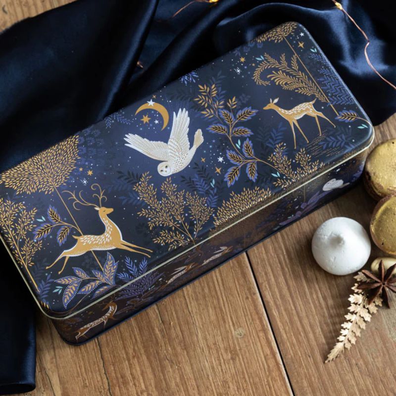Close-up of Magical Nightfall rectangular tin lid with moon, owl and deer amongst gold accented foliage.