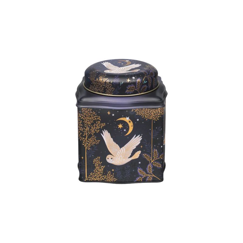 Sara Miller Magical Nightfall Tea Caddy with domed lid and gold woodland design on dark blue tin.