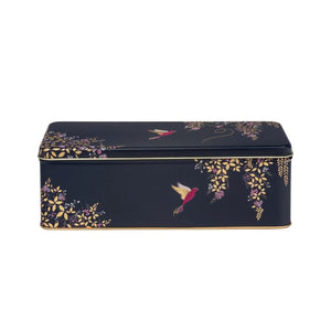 The Sara Miller Navy Hummingbird Rectangular Storage Tin on a white background.