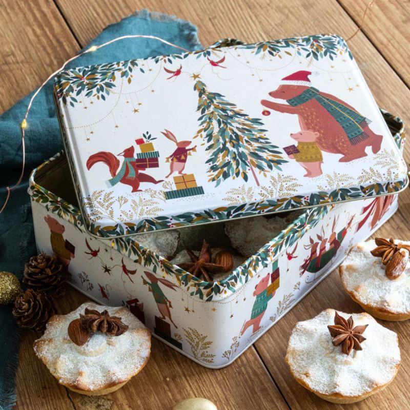 Sara Miller Woodland Tales Biscuit Tin - decorating Christmas storage tin with a festive woodland scene.