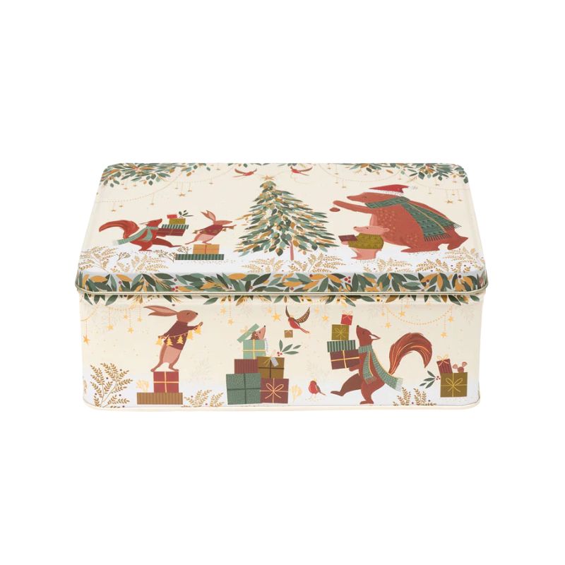 Sara Miller Woodland Tales Biscuit Tin - decorating Christmas storage tin with a festive woodland scene.