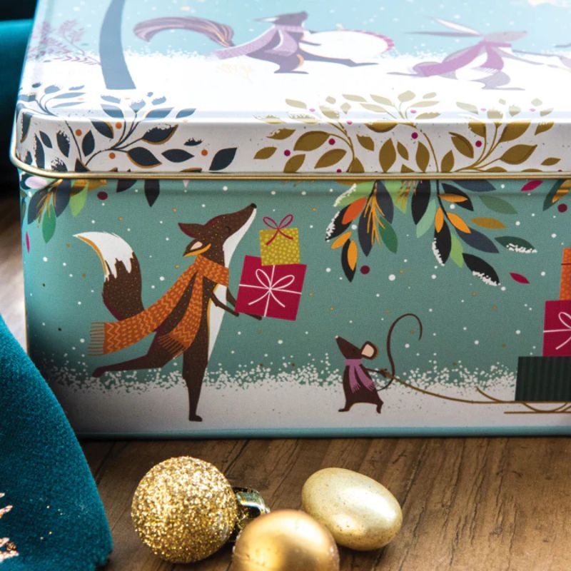 Close up of the Sara Miller Woodland Tales Merry Band Biscuit Tin.