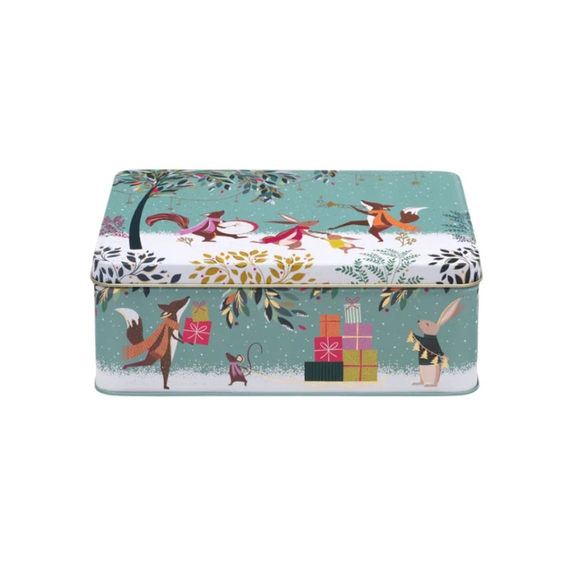 Sara Miller Woodland Tales Merry Band Biscuit Tin featuring woodland animals in a festive winter scene.