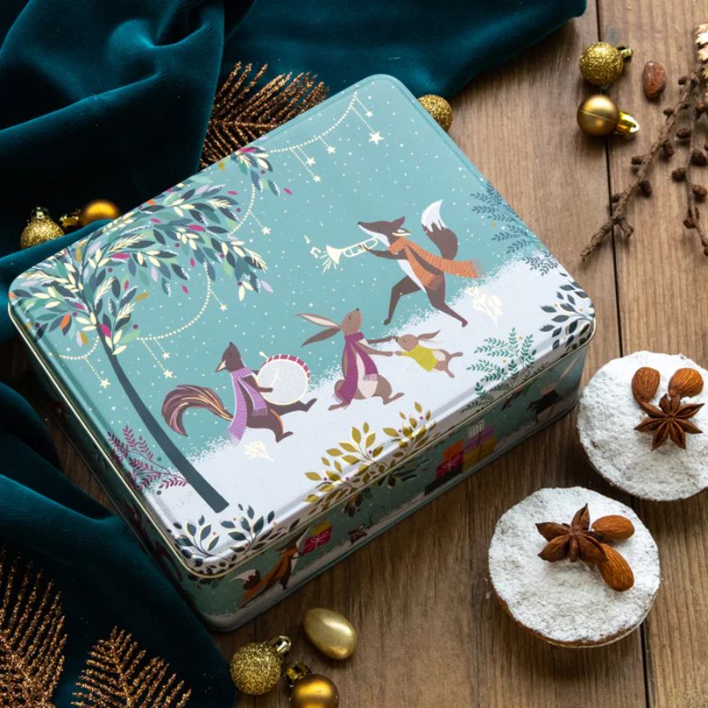 Sara Miller Woodland Tales Merry Band Biscuit Tin featuring woodland animals in a festive winter scene.