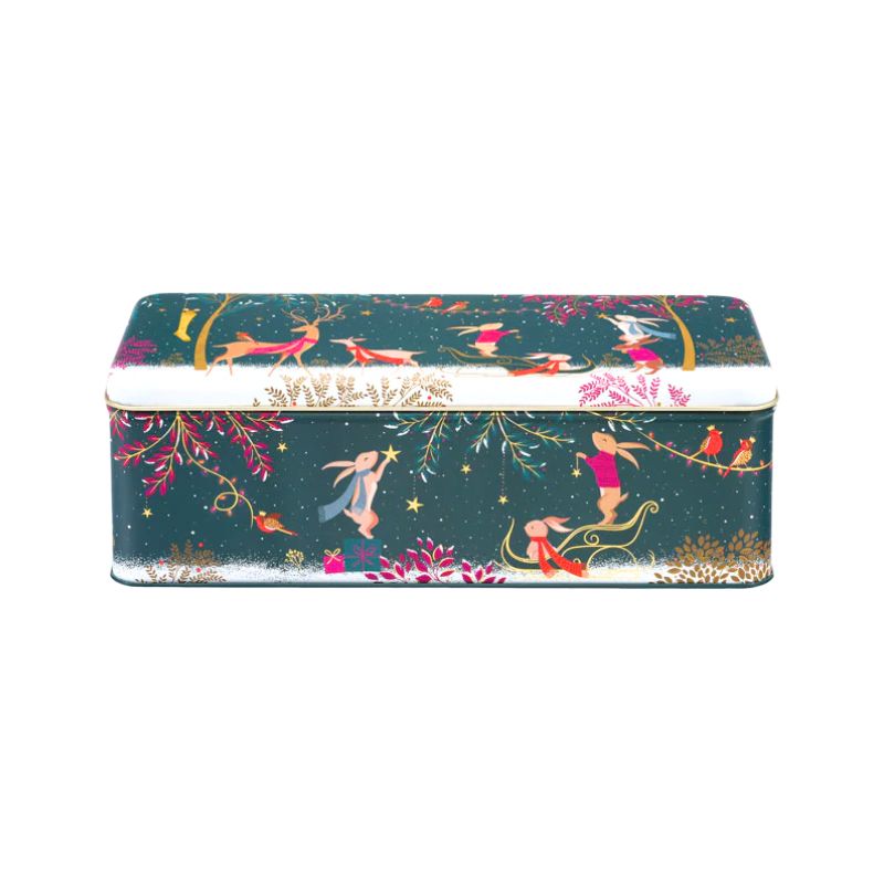 Sara Miller Woodland Tales Rectangular Storage Tin featuring rabbits, deer and robins in a woodland scene.