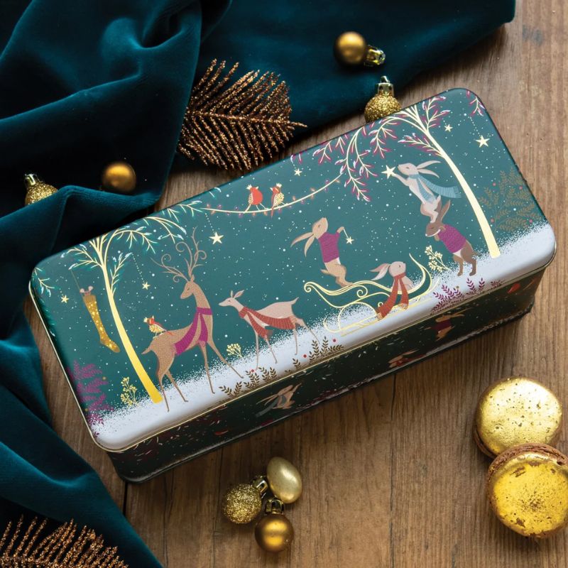 Sara Miller Woodland Tales Rectangular Storage Tin featuring rabbits, deer and robins in a woodland scene.
