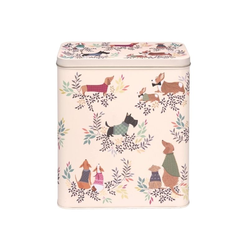 Sara Miller Dapper Dogs Large Rectangular Storage Tin shown front on against a white background.