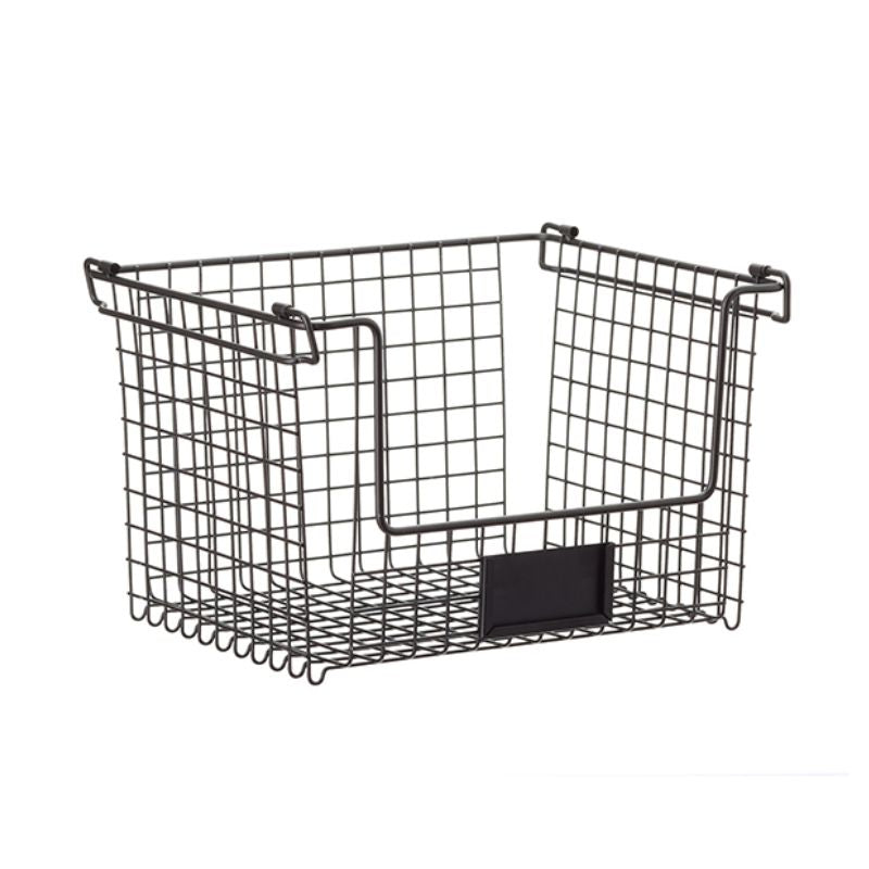 Black wire stacking basket with front label holder – Seymours 37 x 27 x 23 cm