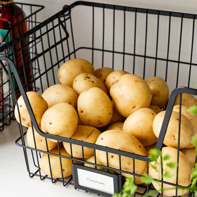 Black wire stacking basket with front label holder – Seymours 37 x 27 x 23 cm