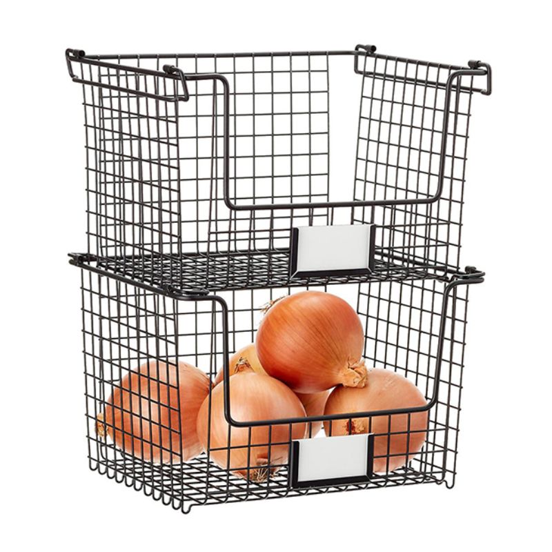 Stacked black wire baskets with onions, pantry and kitchen storage