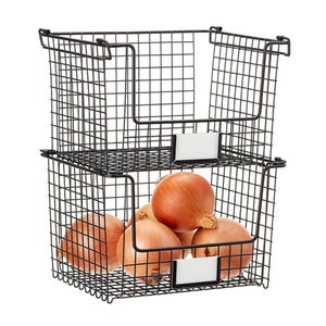 Stacked black wire baskets with onions, pantry and kitchen storage