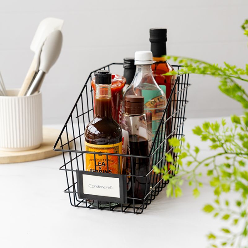 Small black wire basket with label holder – Seymours 16 x 30 x 20 cm