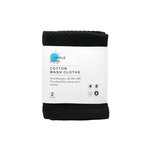 Simple Things Cotton Wash Cloths 2 Pack in black, shown with product packaging.