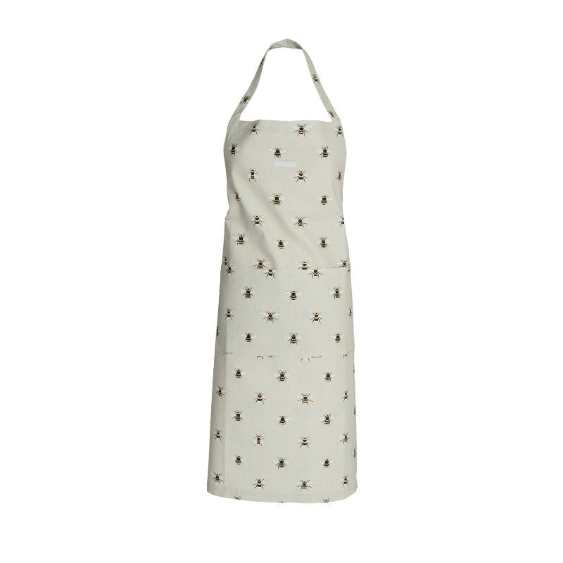Sophie Allport Bees adult apron – full length, cotton fabric with bee motif on green-grey background and front pocket – NZ kitchenware