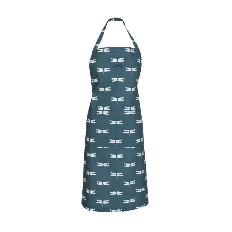 Sophie Allport Dragonfly adult apron – full-length cotton apron with midnight blue background and dragonfly print – NZ kitchen textile