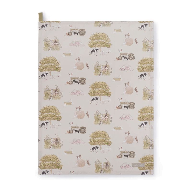 Sophie Allport Farm Friends Tea Towel  shown on a white background.