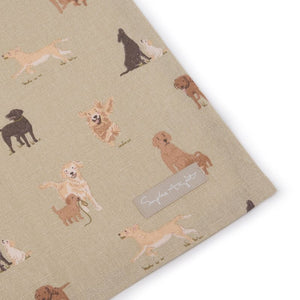 Corner of the Sophie Allport Labradors & Retrievers Cotton Tea Towel with label showing.