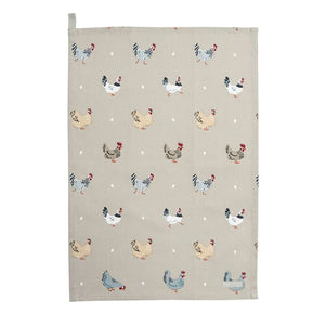 Sophie Allport Lay A Little Egg Tea Towel showing hen print with an oat stone background.