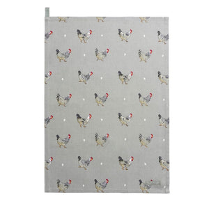 Sophie Allport Lay A Little Egg Tea Towel showing hen print with a sage grey background.