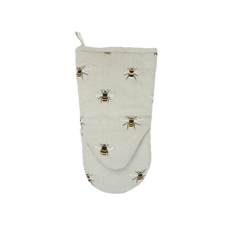 Sophie Allport Bees oven mitt – pale green-grey cotton with printed bee design, front view – NZ