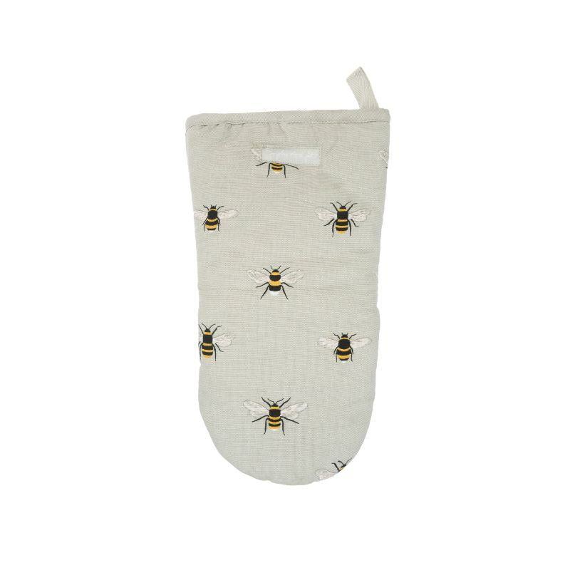 Sophie Allport Bees oven mitt – pale green-grey cotton with printed bee design, front view – NZ