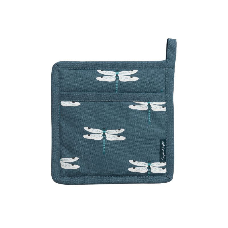 Sophie Allport Dragonfly pot grab / holder – cotton square with midnight blue background and printed dragonfly design – NZ