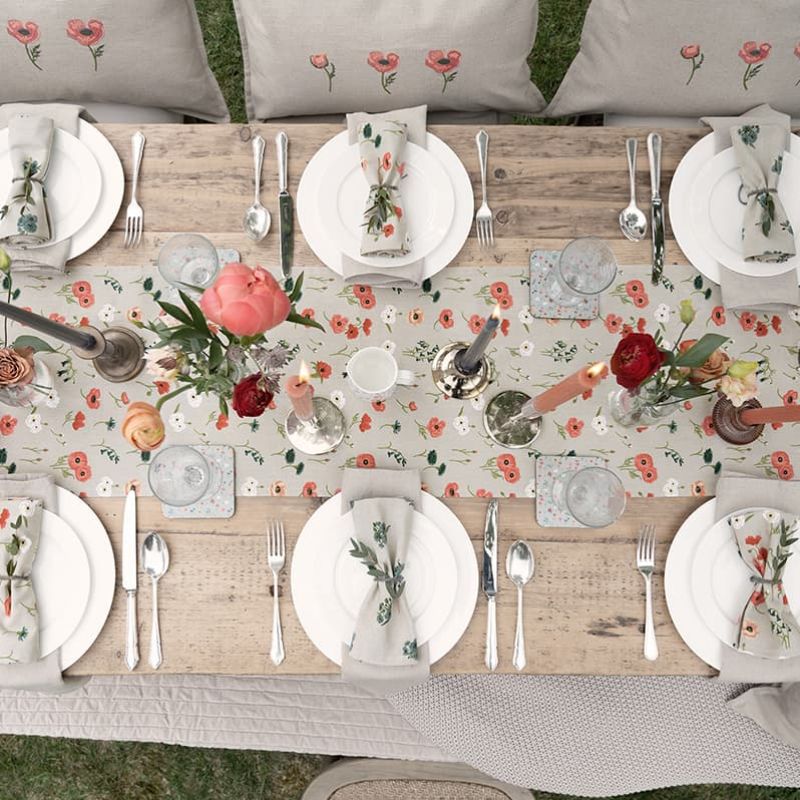 Sophie Allport Poppy Meadow table linens - table runner, napkins, coasters and large cushions | NZ