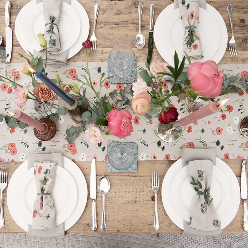 Rustic table showcasing the Sophie Allport Poppy Meadow table linens - table runner, napkins and coasters | NZ