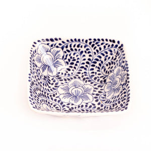 Square Bowl with Blue Flowers & Swirls - Fair Trade