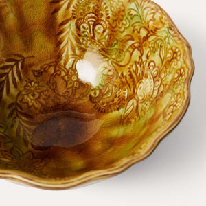 Close up view of the detail and crackled reactive glaze on the ceramic Sthal Arabesque Breakfast / Soup Bowl in Pineapple.