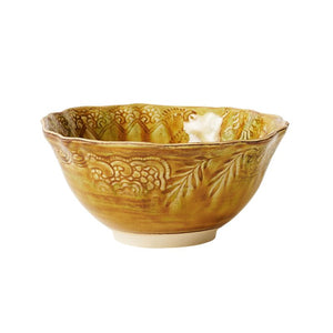Sthal Arabesque Breakfast / Soup Bowl in Pineapple – mustard coloured ceramic bowl with intricate floral detail and crackled reactive glaze against a white background.