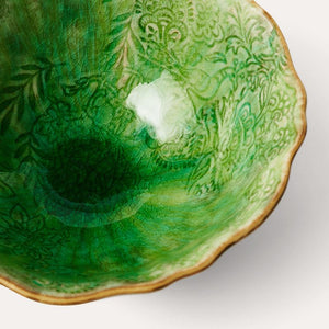 Close up of the Sthal Arabesque breakfast / soup bowl in seaweed green – intricate detail and crackled reactive glaze shown.