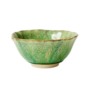 Sthal Arabesque Breakfast / Soup Bowl in Seaweed green shown on a white background.