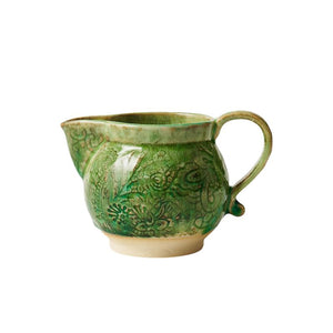 Sthal Arabesque Creamer in Seaweed green – ceramic milk jug with floral detail and green reactive glaze shown on a white background.