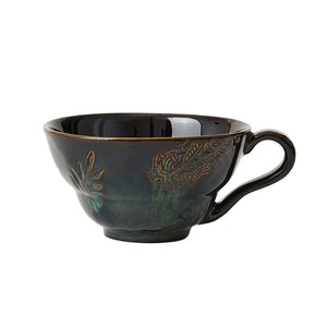 Sthal Arabesque Cup with Handle in Fig colourway – an earthy brown mug with floral detail shown against a white background.