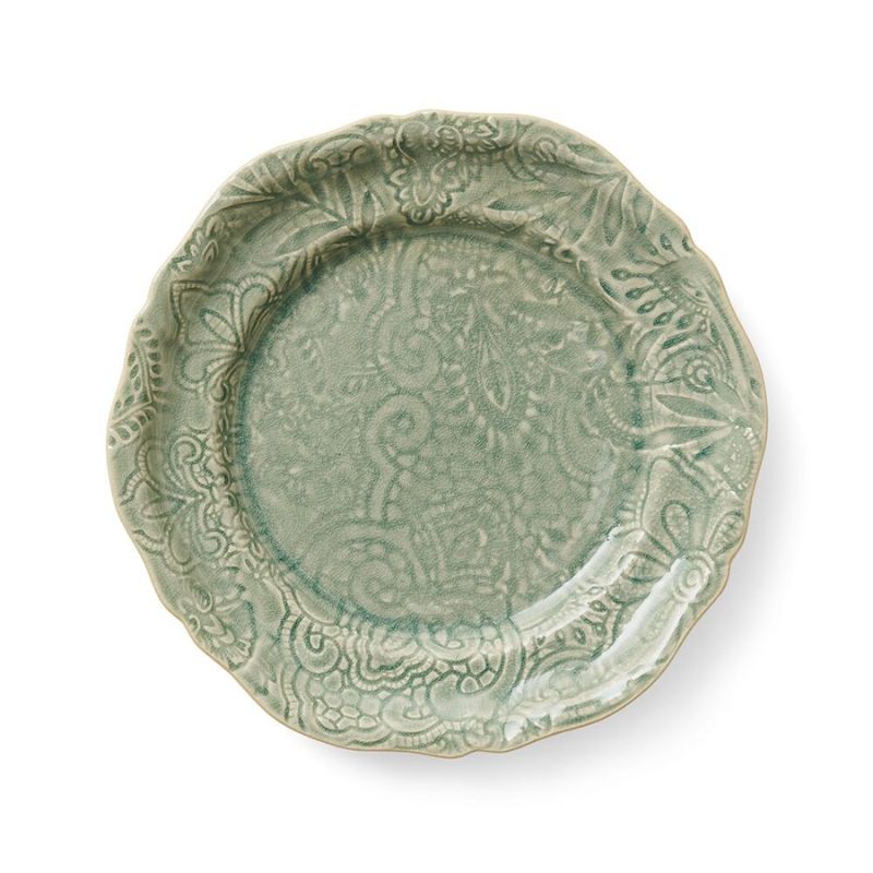 Sthal Arabesque 23 cm ceramic plate in Antique green with ornate embossed pattern, handcrafted in Portugal.